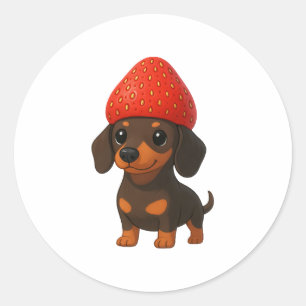 Adesivo Redondo Dachshund engraçado com morangos e chapéu frutado