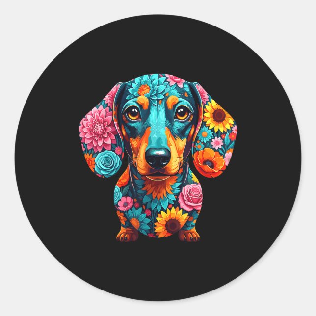 Adesivo Redondo Dachshund Flower Funny Dog  (Frente)