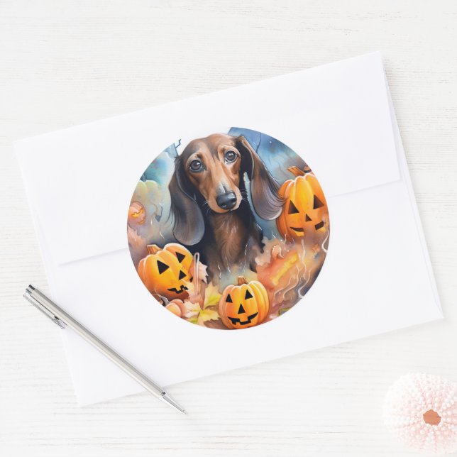 Adesivo Redondo Dachshund Halloween Com Pumpkins Assustado (Envelope)