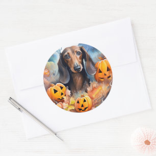Adesivo Redondo Dachshund Halloween Com Pumpkins Assustado