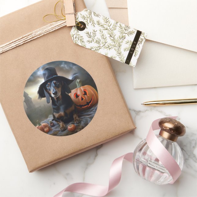 Adesivo Redondo Dachshund Halloween Scary (Presentear)