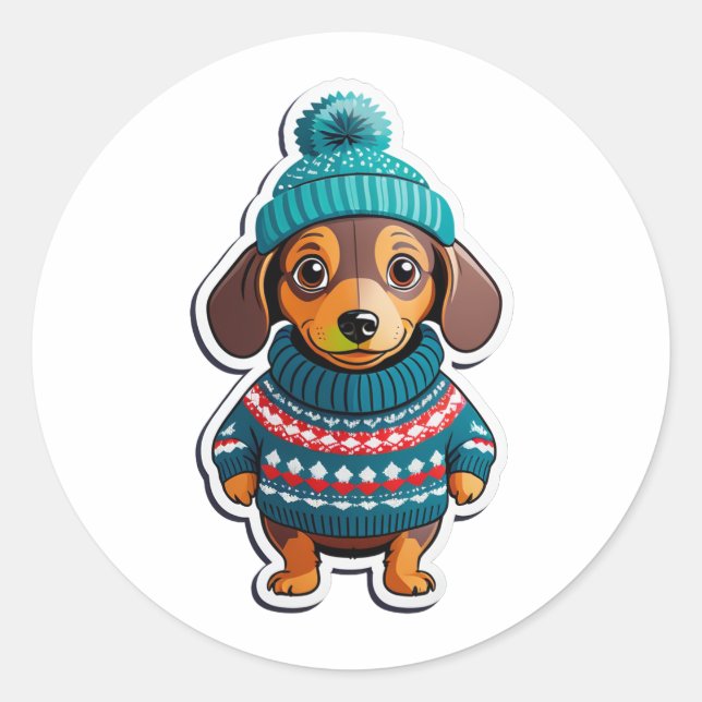 Adesivo Redondo Dachshund no Sweater Sticker (Frente)