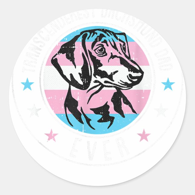 Adesivo Redondo Dachshund Pai LGBT-Q Cão do Orgulho Transgênero (Frente)