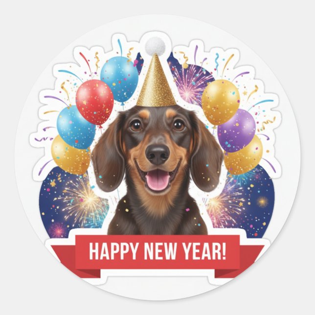 Adesivo Redondo Dachshund Party Hat New Year Sticker (Frente)