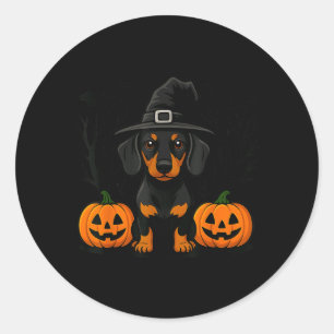 Adesivo Redondo Dachshund Preto e Dourado de Halloween Bruxa Assus