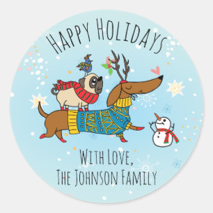 Adesivo Redondo Dachshund, Pug & Bird Holiday Sticker