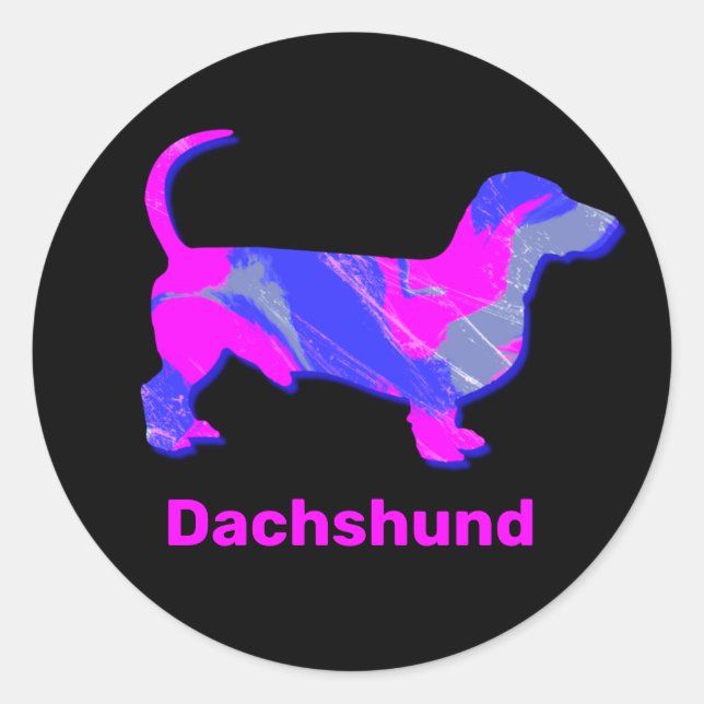 Adesivo Redondo Dachshund Quente Rosa e Abstrato Azul (Frente)