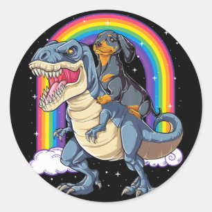 Adesivo Redondo Dachshund Riding Dinosaur T Rex Gifts Boys Kids Me