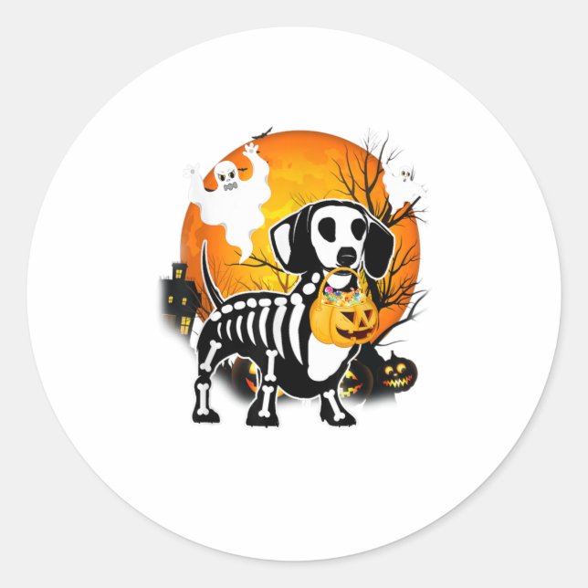 Adesivo Redondo Dachshund Skeleton Halloween Happy Pumpkin (Frente)