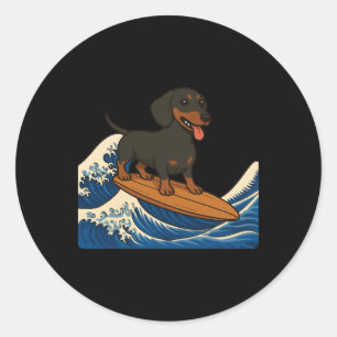 Adesivo Redondo Dachshund Surfando Onda Japonesa Cachorro Wiener _