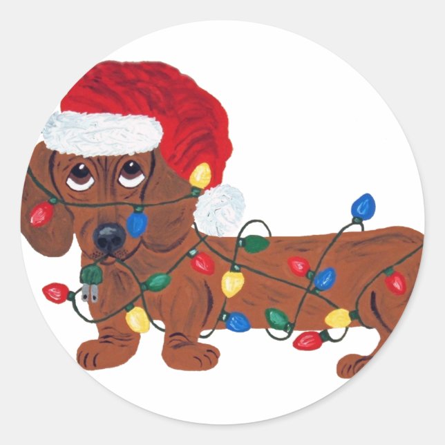 Adesivo Redondo Dachshund Tangido Em Luzes De Natal (Vermelho) (Frente)