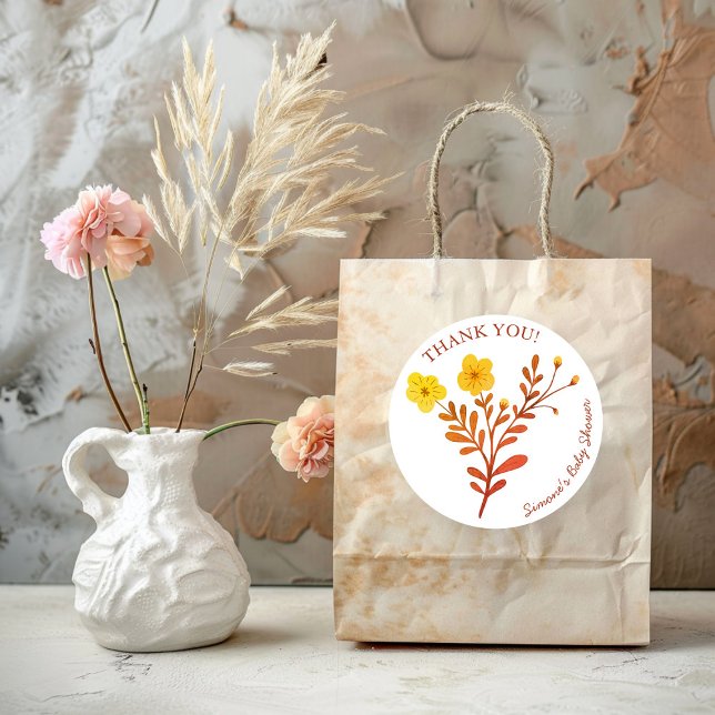 Adesivo Redondo Dacil Florals Elegante OBRIGADO CHÁ DE FRALDAS (Dainty Florals Elegant THANK YOU BABY SHOWER Classic Round Sticker
)