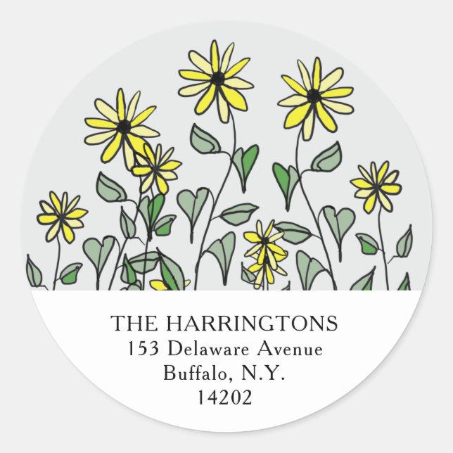 Adesivo Redondo Daisies Amarelos Endereço de Devolução Floral Dese (Frente)