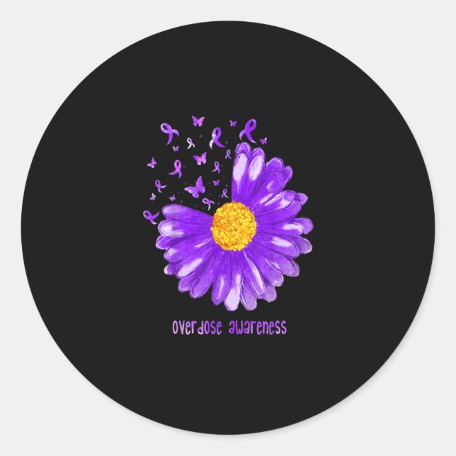 Adesivo Redondo Daisy Butterfly Purple Ribbon Overdose Awareness (Frente)
