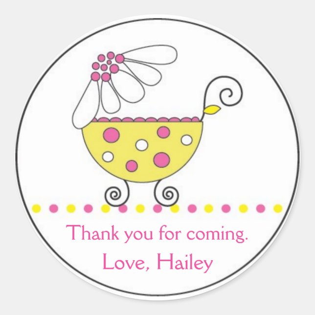 Adesivo Redondo Daisy Carruagem Baby Invitation ou Favor Sticker (Frente)