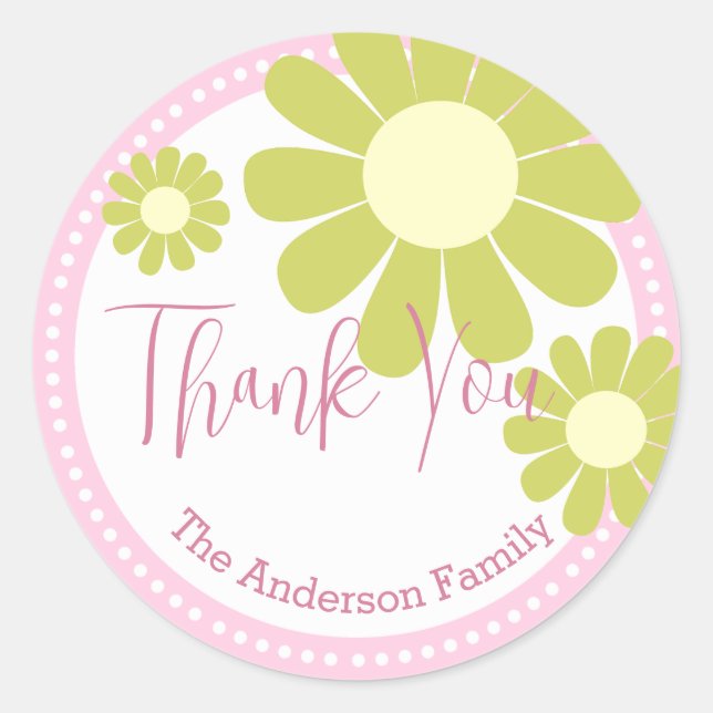 Adesivo Redondo Daisy Chá de fraldas Obrigado Pink Sticker (Frente)