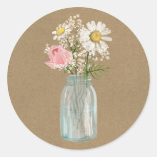 Adesivo Redondo Daisy e Rosa em Mason Jar Rustic Kraft Paper