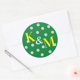 Adesivo Redondo Daisy Floral Simples Verde Branco Amarelo