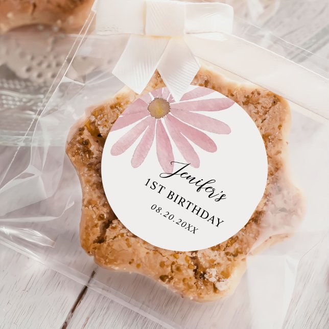 Adesivo Redondo Daisy Pink Girl First Festa de aniversário (Criador carregado)