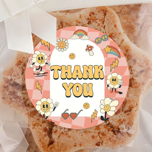 Adesivo Redondo Daisy & Retro Van Pink Groovy Um primeiro aniversa (Criador carregado)