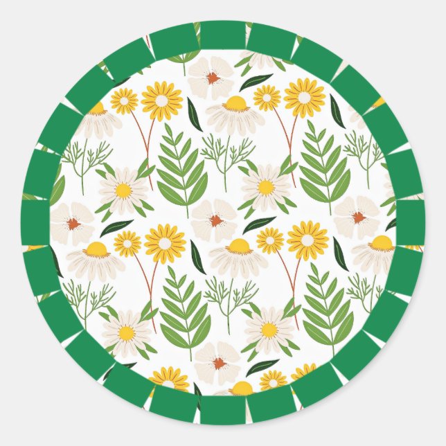 Adesivo Redondo Daisy Springtime Pattern, quadro verde, (Frente)
