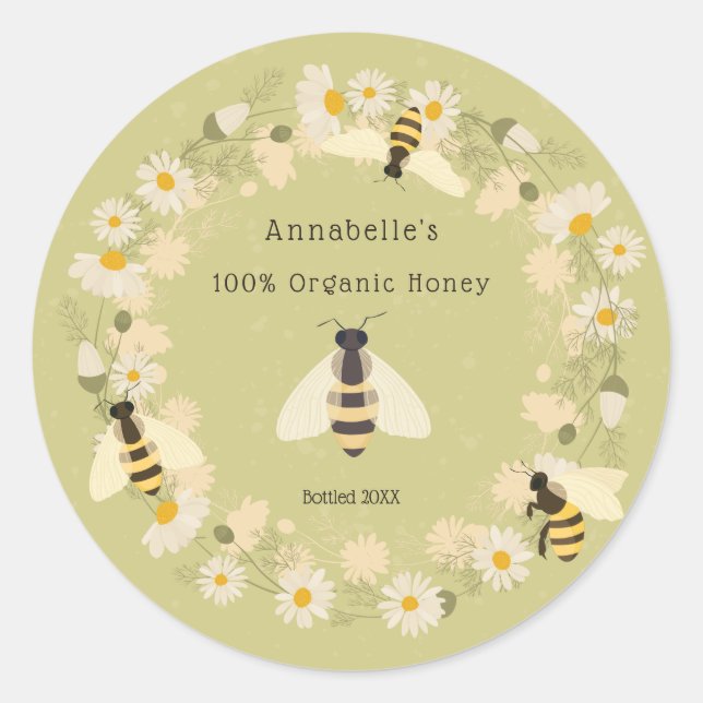 Adesivo Redondo Daisy Wreath e Bees Mel Personalizam (Frente)