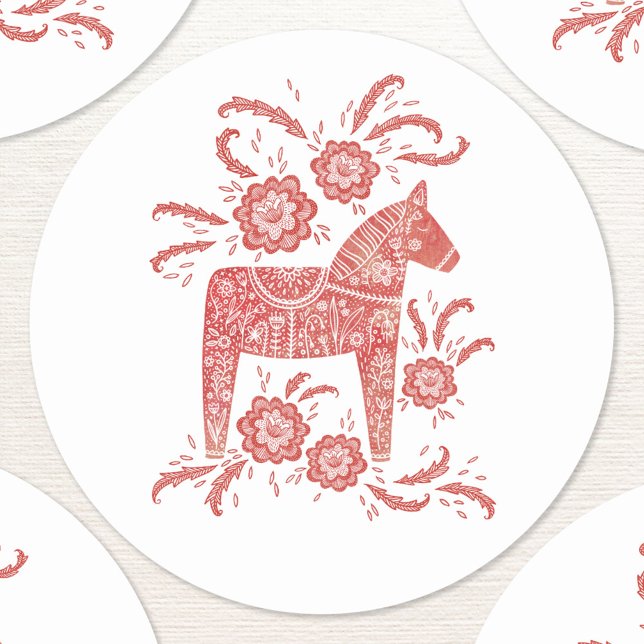 Adesivo Redondo Dala Horse Red e White Suecos (Swedish Dala Horse red and white folk art sticker)