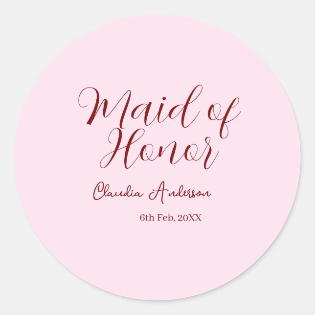 Adesivo Redondo Dama de honra roxo nome data rosa pastel noivas (Frente)