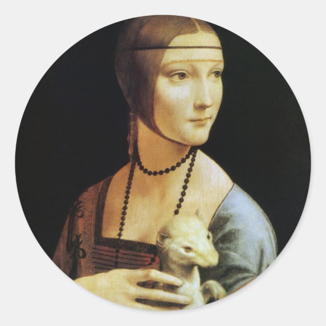 Adesivo Redondo Dama de Leonardo da Vinci com um Ermine (Frente)