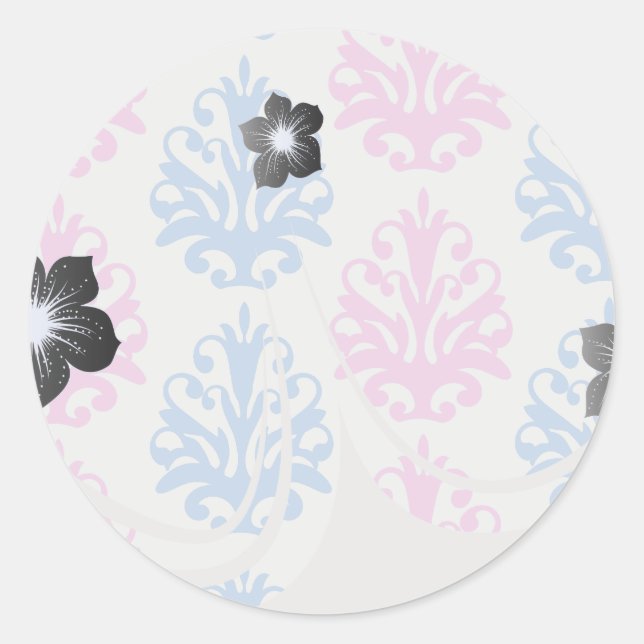 Adesivo Redondo damasco branco azul-rosa (Frente)