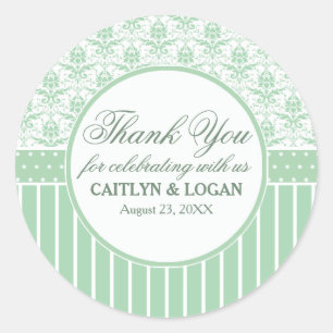 Adesivo Redondo Damasco Branco Verde e Stripes Casamento Favorecem