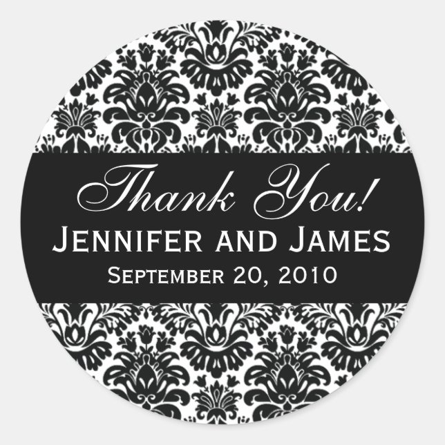 Adesivo Redondo Damasco de Casamento Negro e Branco Obrigado Rótul (Frente)
