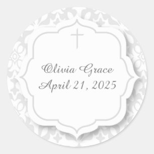 Adesivo Redondo Damasco de prata com Tag e cruz