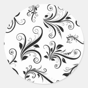 Adesivo Redondo Damasco, Ornaments, Swirls - Branco Preto