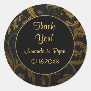 Adesivo Redondo Damasco Preto e Dourado - Obrigado - Redondo