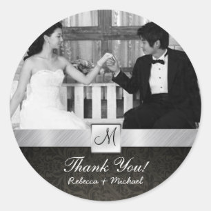 Adesivo Redondo Damasco preto moderno e Casamento de Prata Obrigad