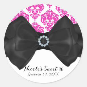 Adesivo Redondo Damasco Rosa e Branco Laço Preto Festa Glam Glam 1