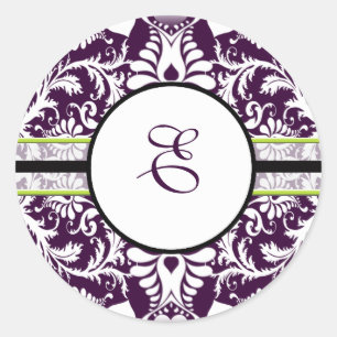 Adesivo Redondo Damasco Roxo - Alcunha inicial - Letra E Casamento