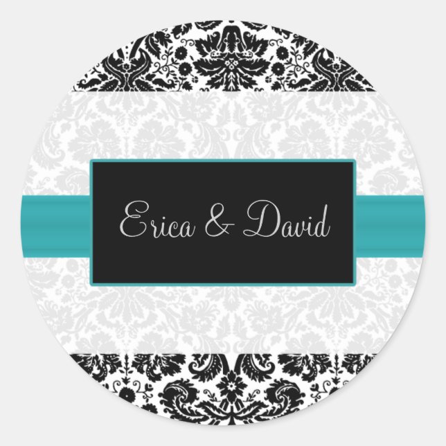 Adesivo Redondo damask aqua Wedding Monograma stickers (Frente)
