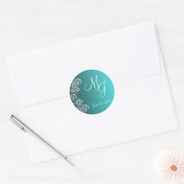 Adesivo Redondo Damask Turquoise Casamento com Autocolantes (Envelope)