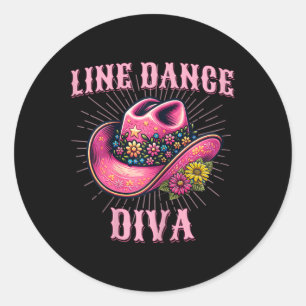 Adesivo Redondo Dança de linha Western Pink Cowgirl Hat Line Dance