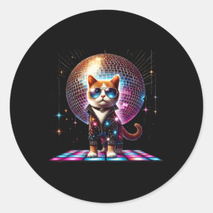 Adesivo Redondo Dançando Gato Disco Ball Kitten Gatinho Lover Funn