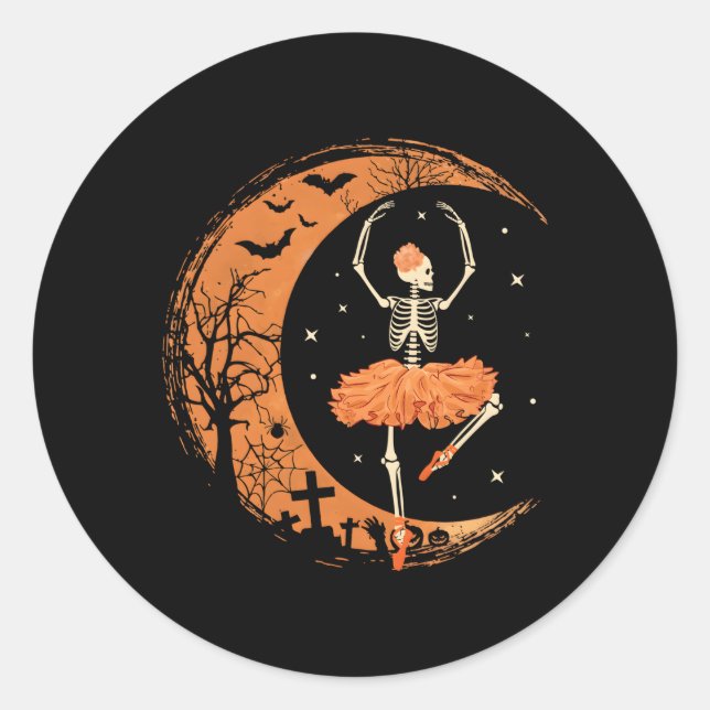 Adesivo Redondo Dançando Skeleton Ballerina Balé Dance Halloween (Frente)