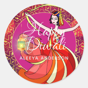 Adesivo Redondo Dançarino Personalizado da Festa de Diwali Bollywo