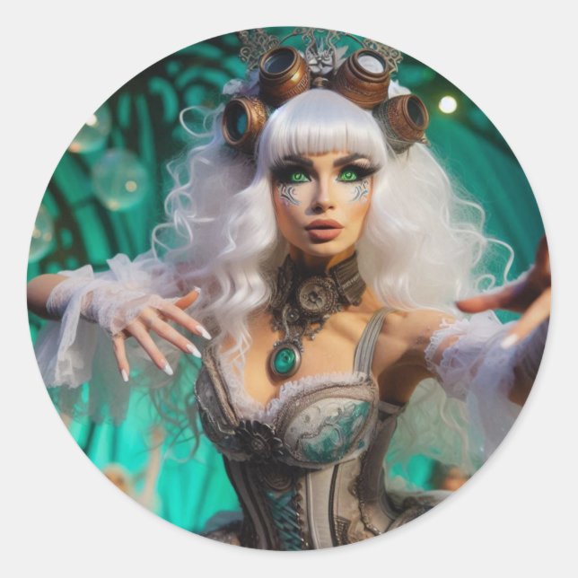 Adesivo Redondo Dançarino Verde Futurístico Vitoriano Steampunk (Frente)