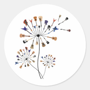 Adesivo Redondo Dandelion Flowers Musical Lover Guitarlist