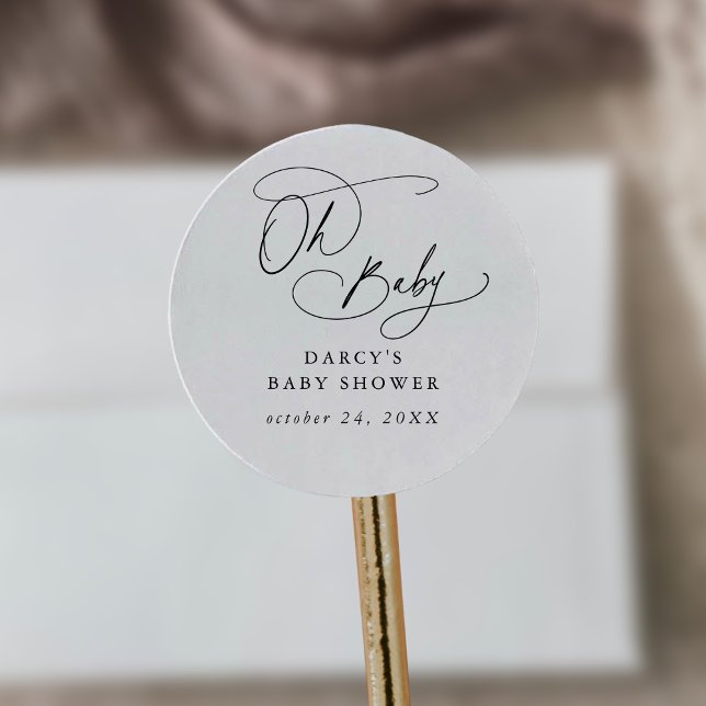 Adesivo Redondo DARCY Boho - Chá de fraldas branco preto único (DARCY Boho Unique Black White Oh Baby Baby Shower Classic Round Sticker)