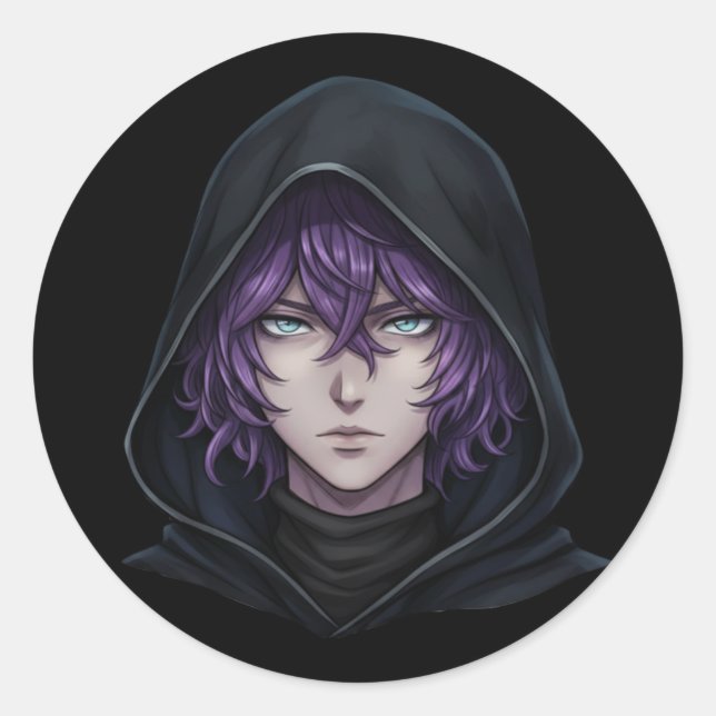 Adesivo Redondo Dark Hoodie Anime Boy with Purple Hair (Frente)
