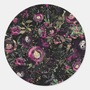 Adesivo Redondo Dark Moody Berry Plum Sparkle Floral Modern