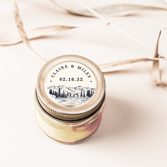 Adesivo Redondo Dark Navy | Mountain Sketch Personalized Wedding (Criador carregado)
